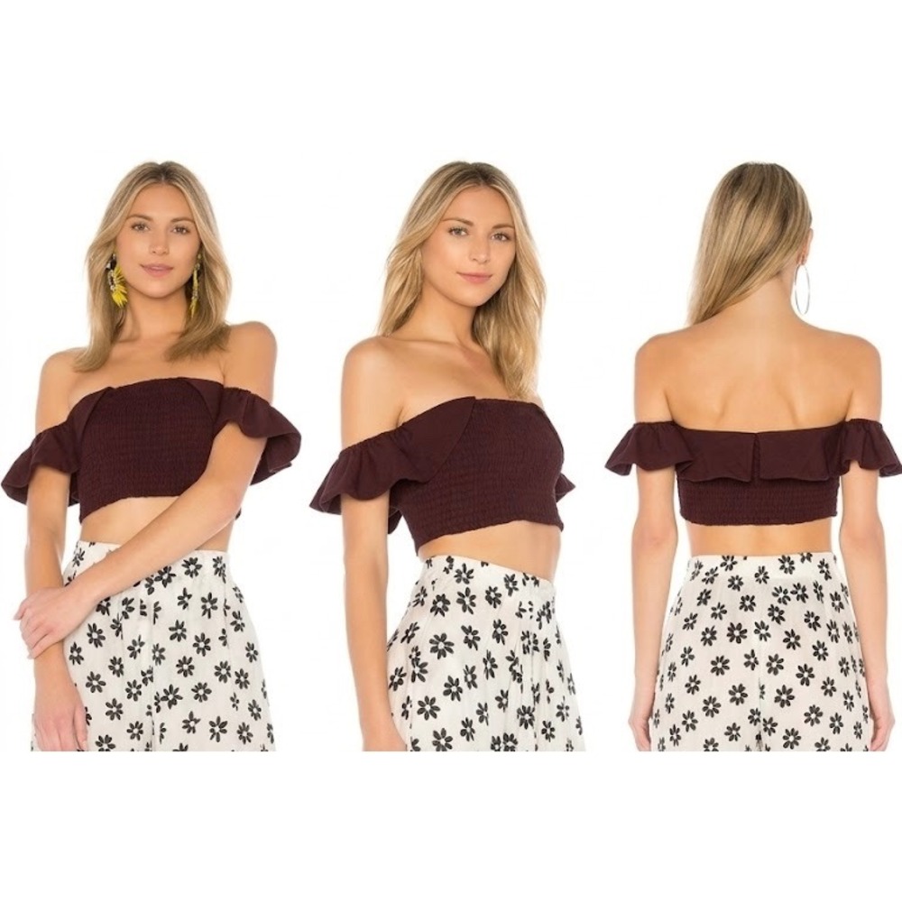 Apiece Apart Lamu Smocked Ruffle Off The Shoulder Cropped Top Brown Sz 2 Cotton